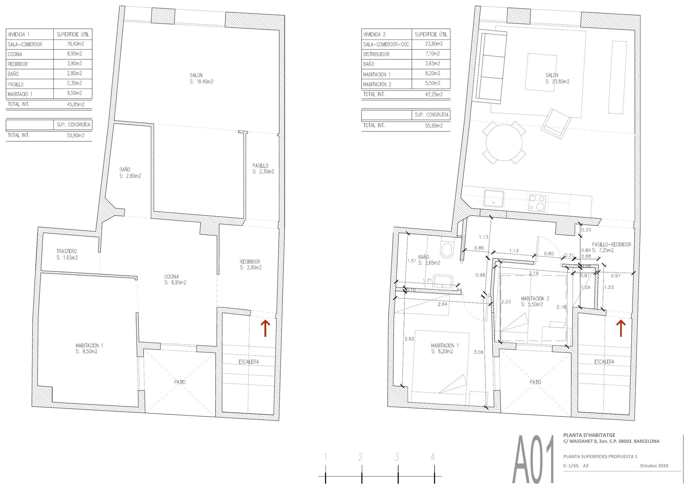 Massanet floor plan — before (left) and after (right) the renovation